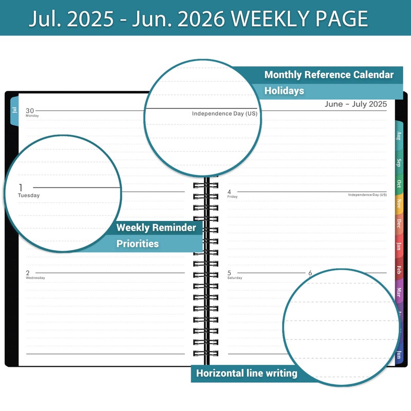 Vondafe Academic Planner 2025-2026 - 2025-2026 Planner, July 2025 - June 2026, 6.3"" x 8.4"", Weekly & Monthly, Colorful Tabs, PP Cover, A5 Thick Paper, Twin-Wire Binding - Black - Image 4